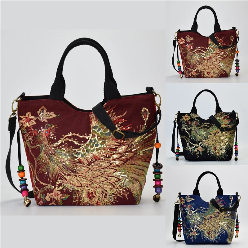 

Shiny Sequins Peacock Embroidered Women Canvas Totes Bag, Summer Shopping Shoulder Bag Vintage Beaded String Handbag Black