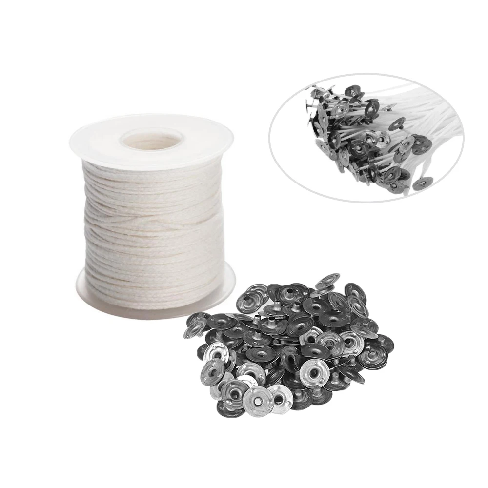 1 Roll Candle Wick Core with 100PCS Metal Candle Wick Sustainer Tabs Candles Making Tools Set for DIY Soy Paraffin Candle Making