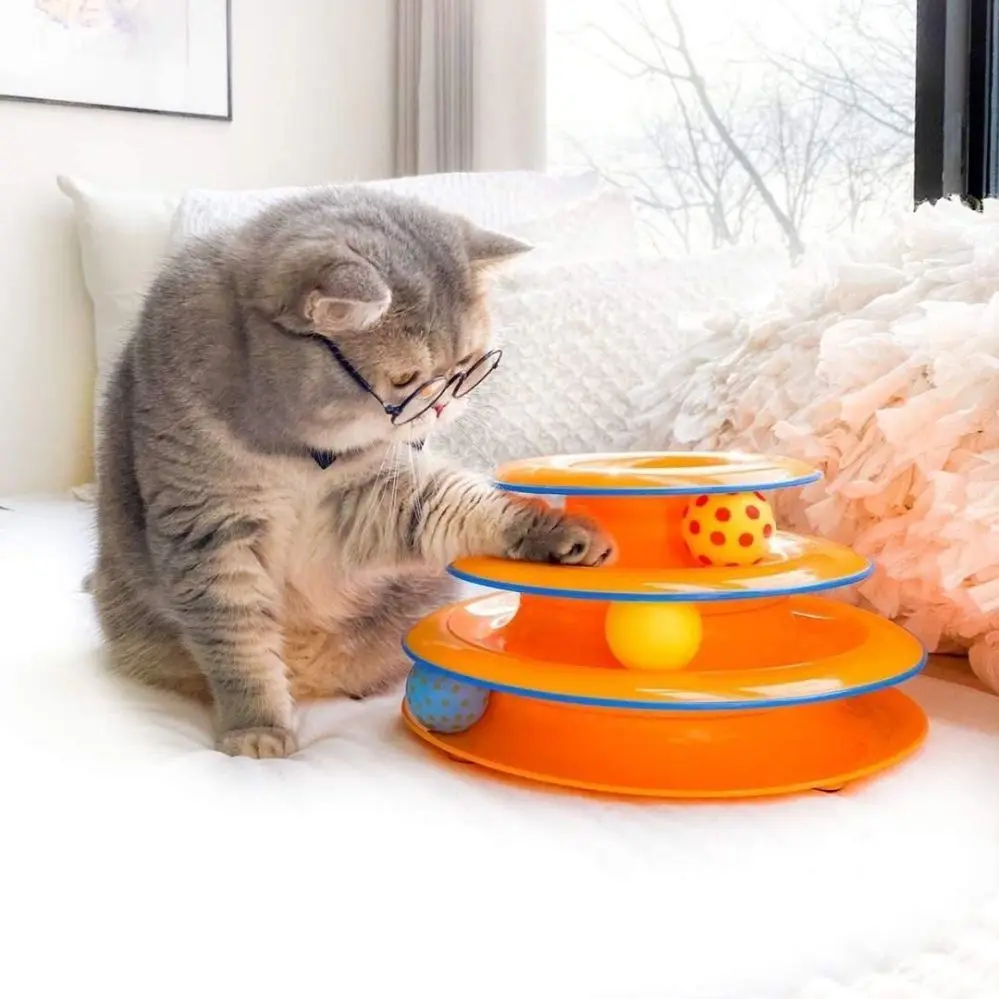 

Pet Interactive Fun Toy 3 Tier Level Roller Tower Cat Teaser Colorful Ball Tracks Turntable Kitten Mental Physical Exercise