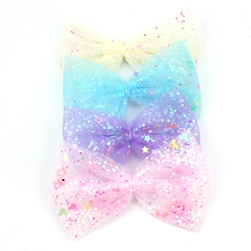 28 pz 4*6cm Glitter tessuto di maglia Bowknot Appliques per fai da te bambino copricapo tornante ornamenti artigianato arredamento accessori di