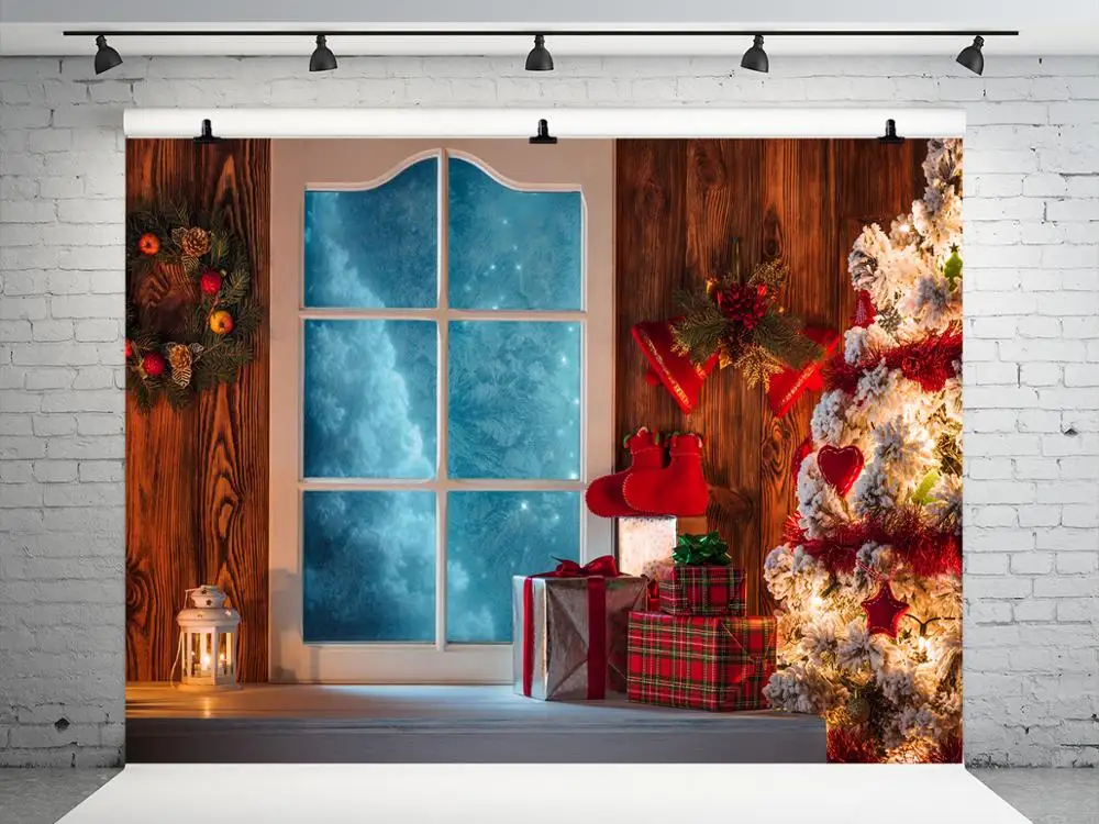 

VinylBDS Christmas Backdrops Photography Warmth Indoor Christmas Tree Photo Backdrops With Door Decor For Photo Studio