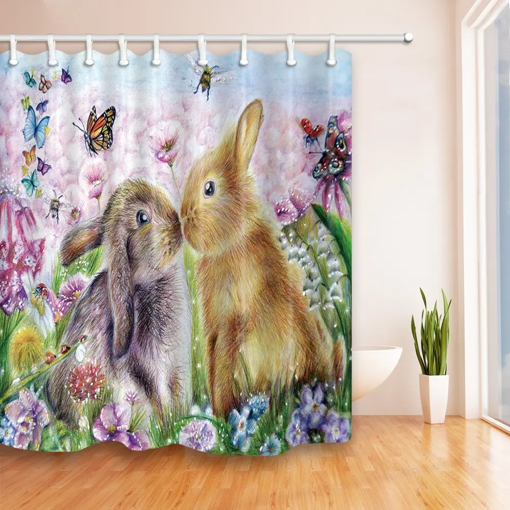 Two Kissing Rabbit in the Flowers Waterproof Polyester Fabric Shower Curtain Set Fantastic Decorations