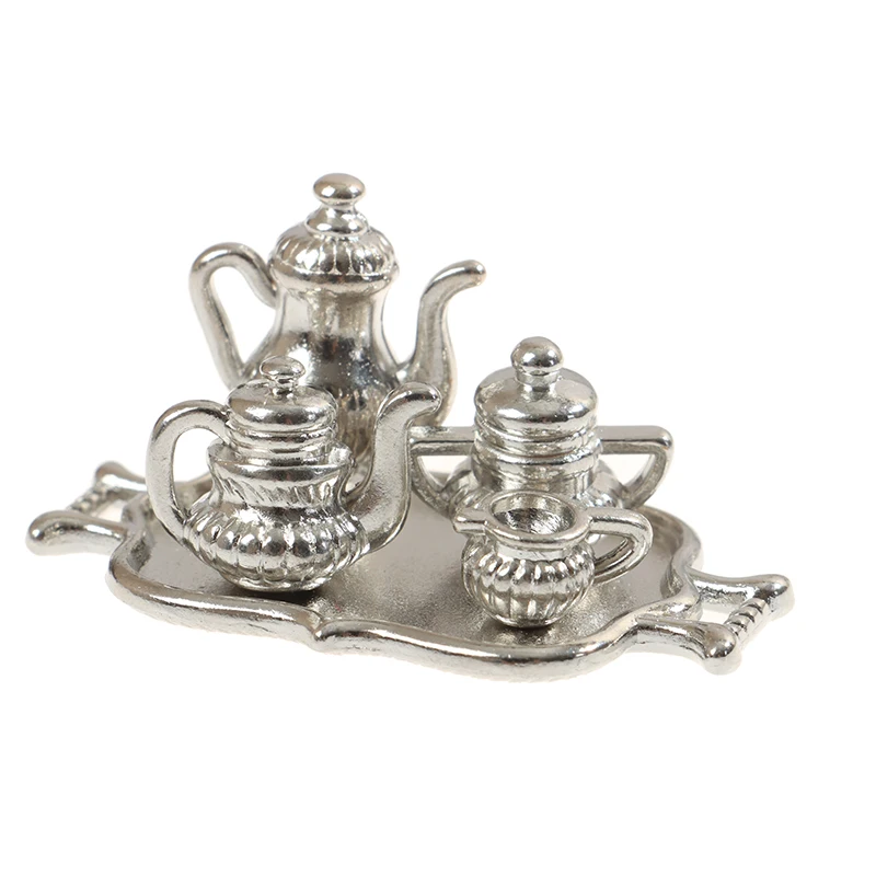 Dollhouse Miniature Silver Metal Tea Coffee Tray Tableware Set For Doll House Accessories