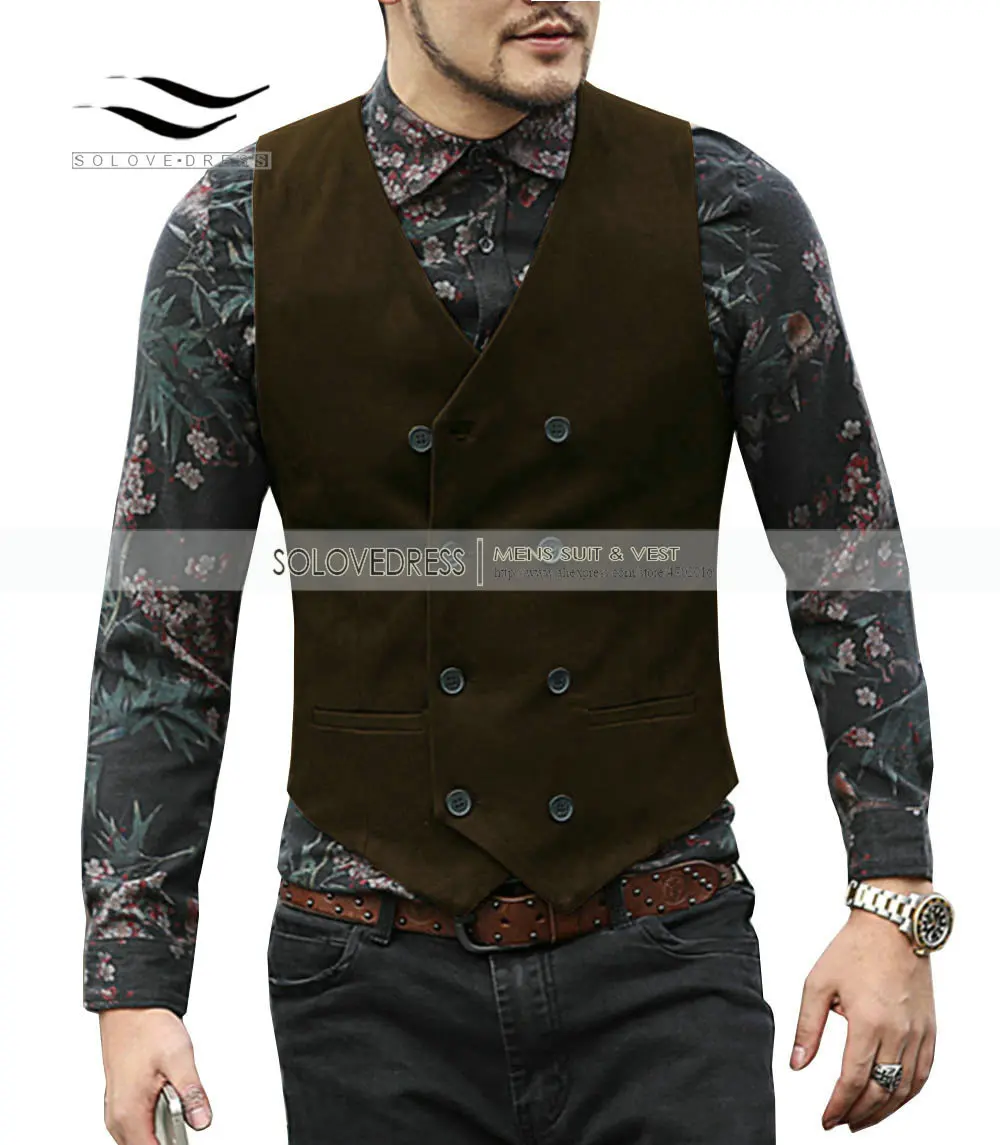 Gilet da uomo nuovo gilet in pelle scamosciata gilet Casual doppiopetto con scollo a v gilet classico/vintage/giacca di jeans Groomsmen, marrone