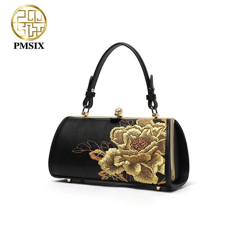 PMSIX Women Genuine Leather Handbag Fashionable Embroidery Real Leather Shoulder Bag Classical Tote Crossbody Bag 2020