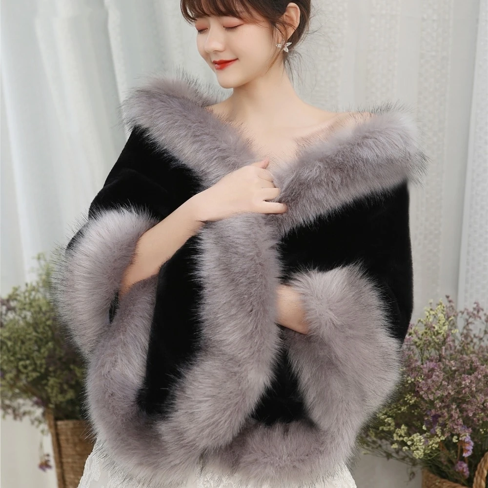 JaneVini Elegant Burgundy Wedding Jacket Furry Bridal Faux Fur Shawl Wrap Winter Bolero Cloak Women Evening Party Stole In Stock