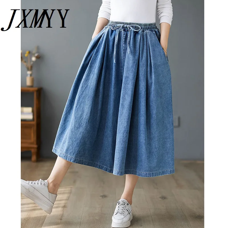 JXMYY-Loose Wide Leg Pants for Women, Elastic Waist, Half Body, Cropped Pants, Casual Fashion Denim, Big Feet Pants