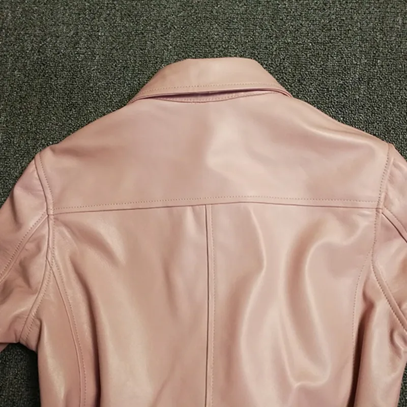 Veste Slim Fit en cuir véritable pour femme, manteau en peau de mouton naturelle, poches ceinturées, coupe-vent Kawaii rose, nouveau