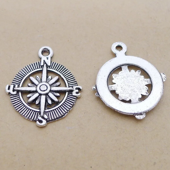 8pcs/Lot 25x30mm Compass Hollow Alloy Charms Antique Silver Color Pendants for DIY Jewelry Making Charm