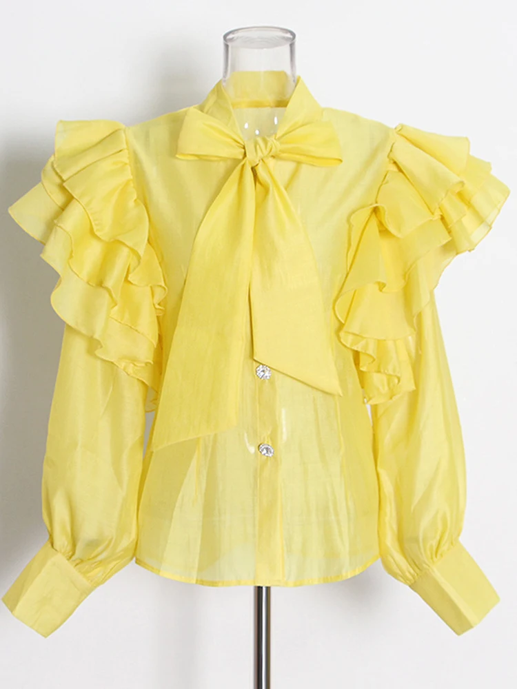 ECRURANI Solid Fold Pleated  Shirt For Women Lapel Long Sleeve Patchwork Ruffle Trim Loose Autumn Fashion Blouse Female 2021 New