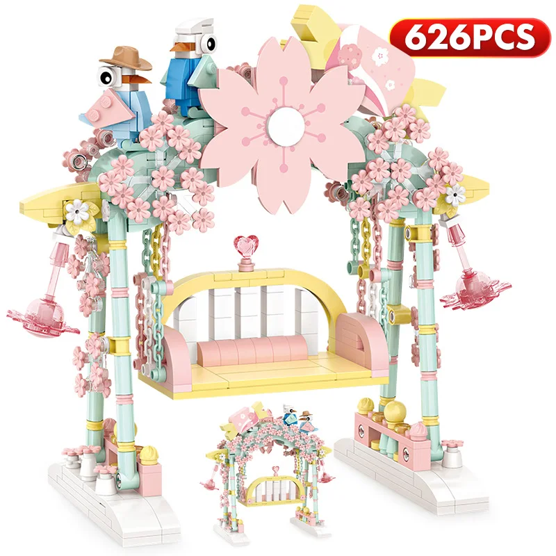 

626pcs Mini City Sakura Swing Building Blocks Friends DIY Flower Birds Model Bricks Toys for Girls Children Gift