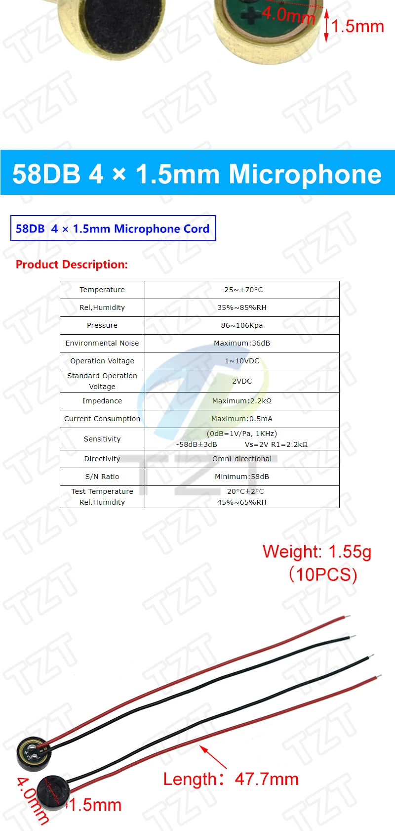 TZT 10 Stück Sortierte Elektret-Mikrofone mit 2-Pin-Anschluss 9x7mm 9767 6x5mm 6050 6x2.2mm 6022 4.5x2.2mm 4522 4x1.5mm 4015 – Detail 7