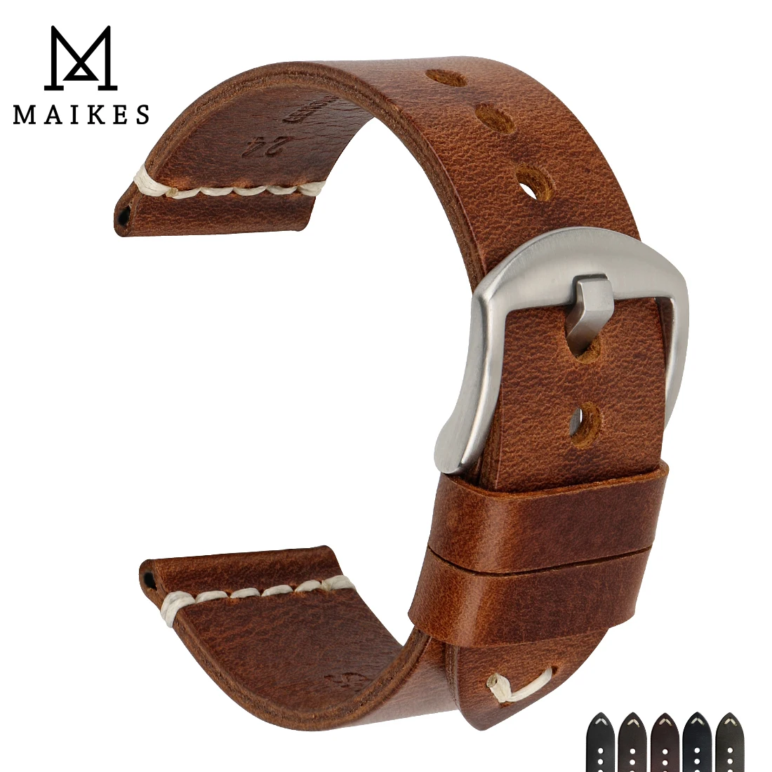 MAIKES Vintage Genuine Leather Watch Band Light Brown With Stainless Steel Buckle 20mm 22mm 24mm Watch Strap Watchband For Omega