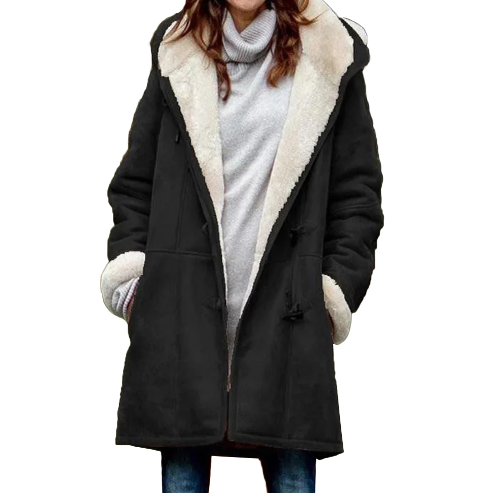 Casual Women Winter Solid Color Horn Buckles Fleece Lining Long Warm Hooded Coat