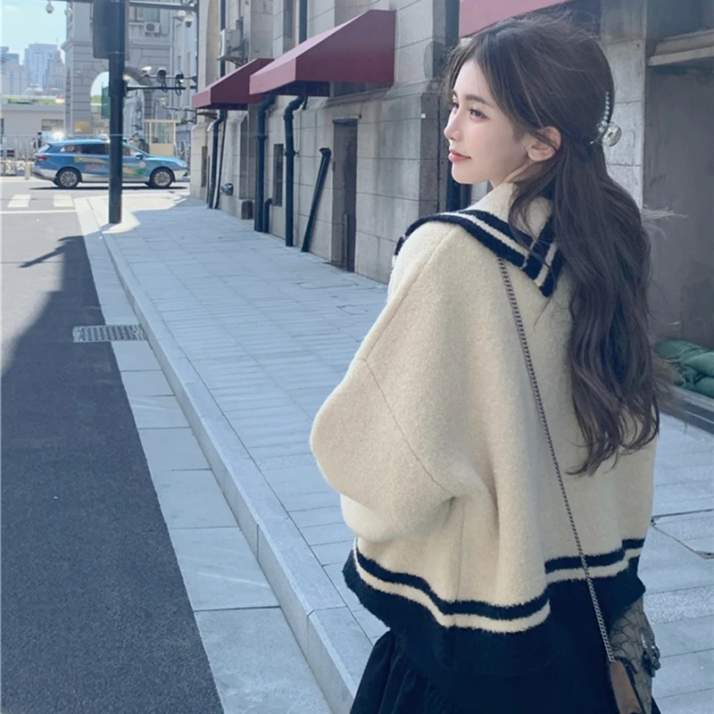 College style Suit Collar Casual Sweater Cardigan Coat Women Autumn Winter Lazy Style Korean Retro Loose Knitted Cardigan