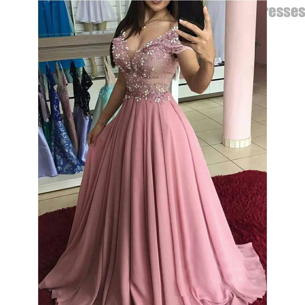 Glamorous Pink Chiffon Pearls Lace Appliqued Evening Dress V Neck Off Shoulder Back Lace Up Prom Gown A-line Vestido De novia