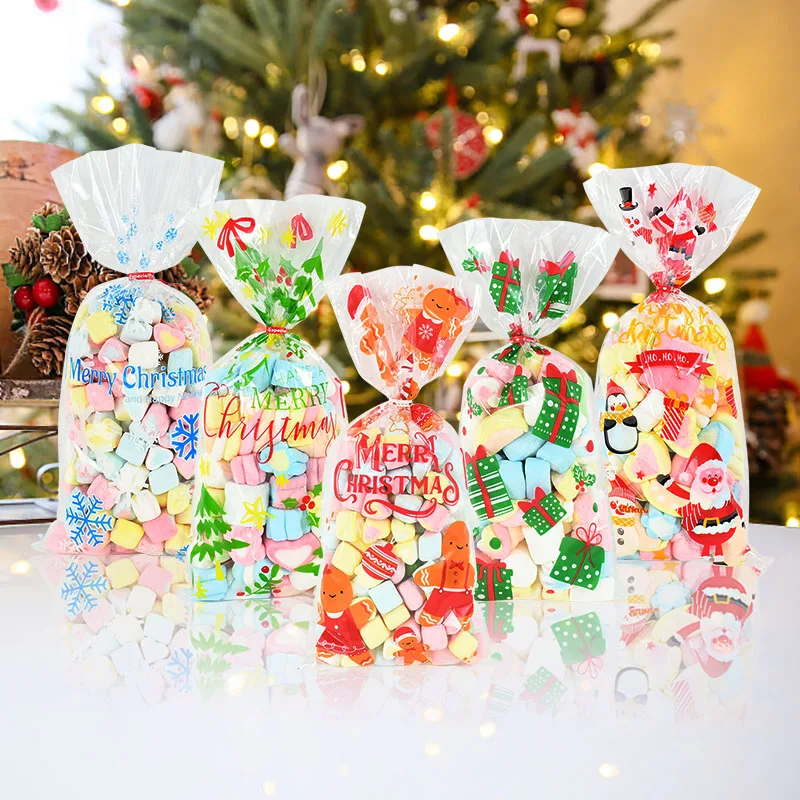 50Pcs Christmas Gift Bag Transparent Plastic Bags For Xmas Home Presents Candies Cookies Store Sale Gift Cookies Wrapping Bags