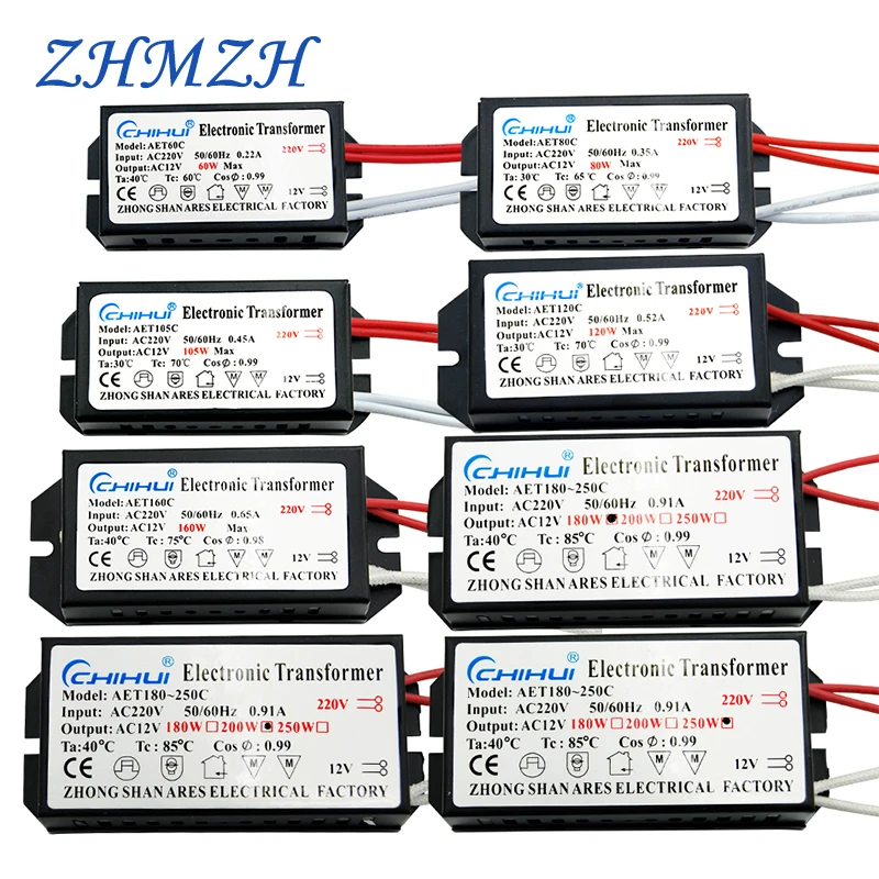 ZHMZH Electronic Transformer 60W 80W 105W 120W 160W 180W 200W 250W AC220V to 12V For Halogen lamp & Crystal Lamp G4 Light Beads