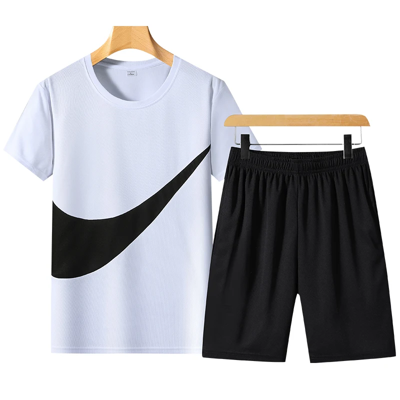 Summer Sportswear Men Polyester Sport Set Hook Pattern Breathable Slim Short Sleeve Beach Gym Jogging Running Sportsuit