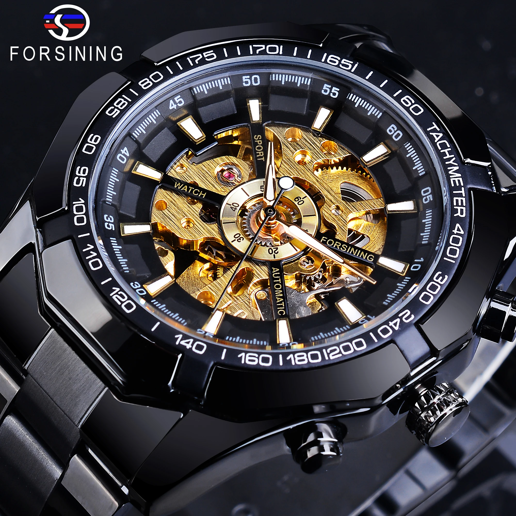 

Forsining Top Brand Luxury Skeleton Automatic Mechanical Watch Black Golden Mens Watches Hollow Wristwatch Relogio Masculino