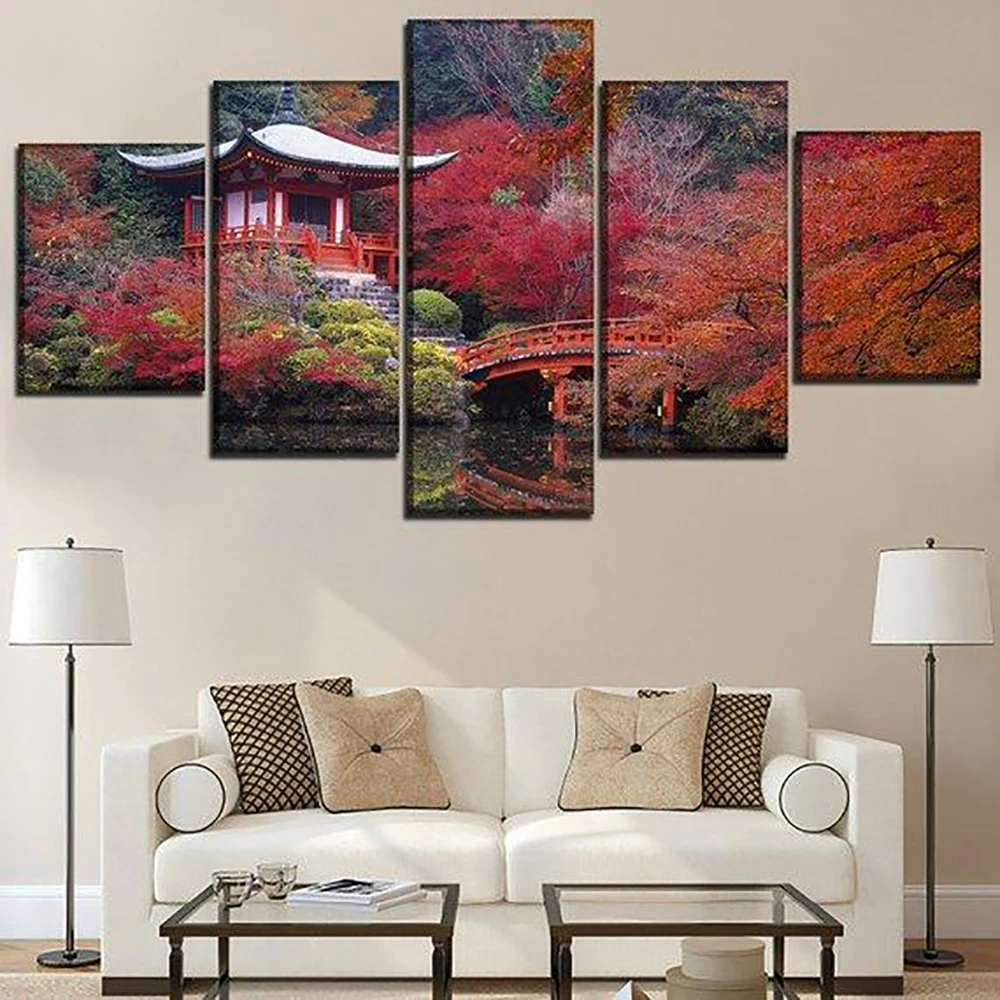 

5 Pieces Wall Art Canvas Painting Red Leaves Forest Landscape Poster Modern Living Room Bedroom Home Modular Pictures Decoration