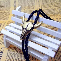 Adjustable Bull Head Western Cowboy Bolo Tie Rodeo Dance Necktie Faux Leather Pendant Necklace