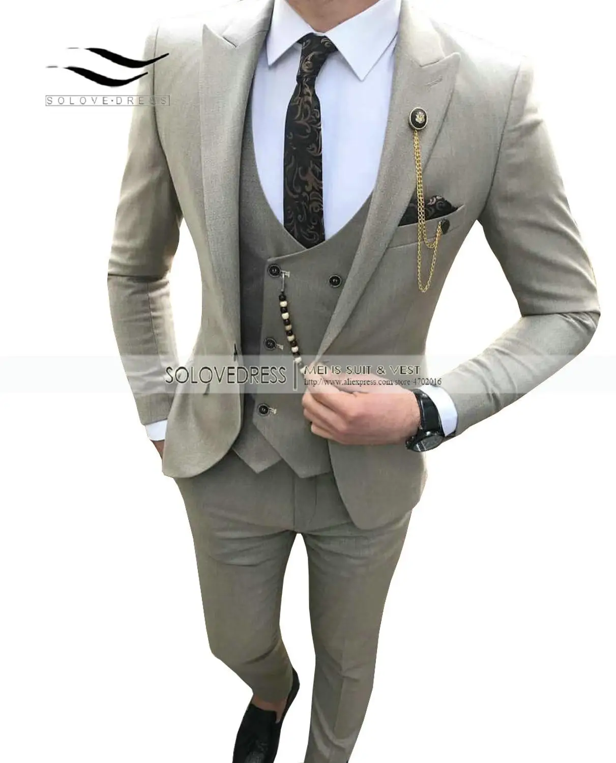 Fashion Men's Suits Slim Fit 3 Pieces Prom Tuxedos Notch Lapel Groomsmen Wedding ,Grey/Beige/Royal Blue(Blazer+Vest+Pants)