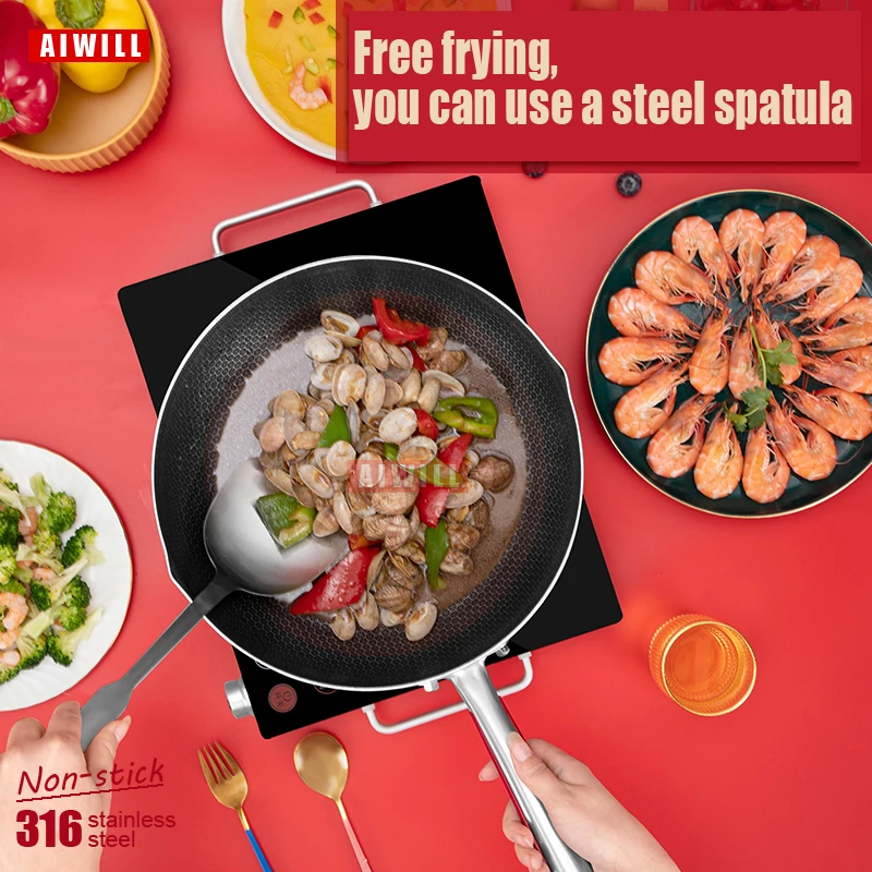 AIWILL 316 Stainless Steel Frying Pan/Wok healthy non-stick general use for gas and induction cooker deepened  quality gift 26cm