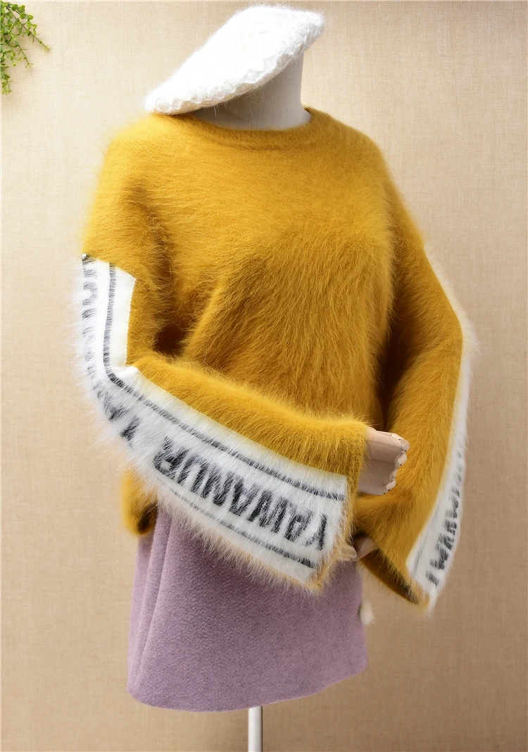 Signore donna moda peloso visone fuzzy cashmere maniche lunghe svasate colorate allentate pigro oaf pullover angora coniglio pelliccia maglione pull