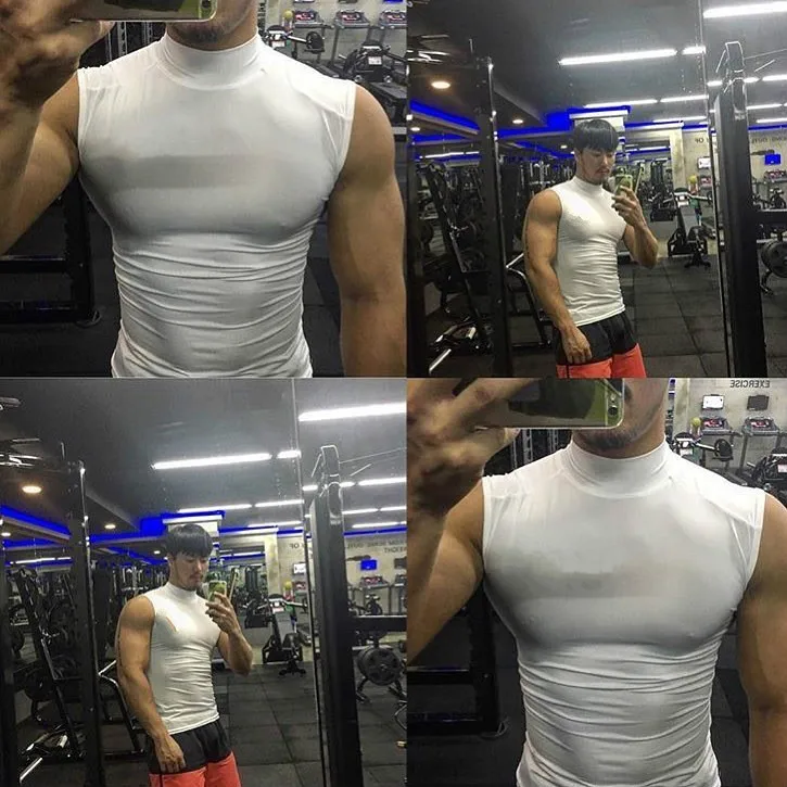 Men Tank Tops Sold Color Turtleneck Bodybuilding Sleeveless shirt High Elasticity Fittness Workout