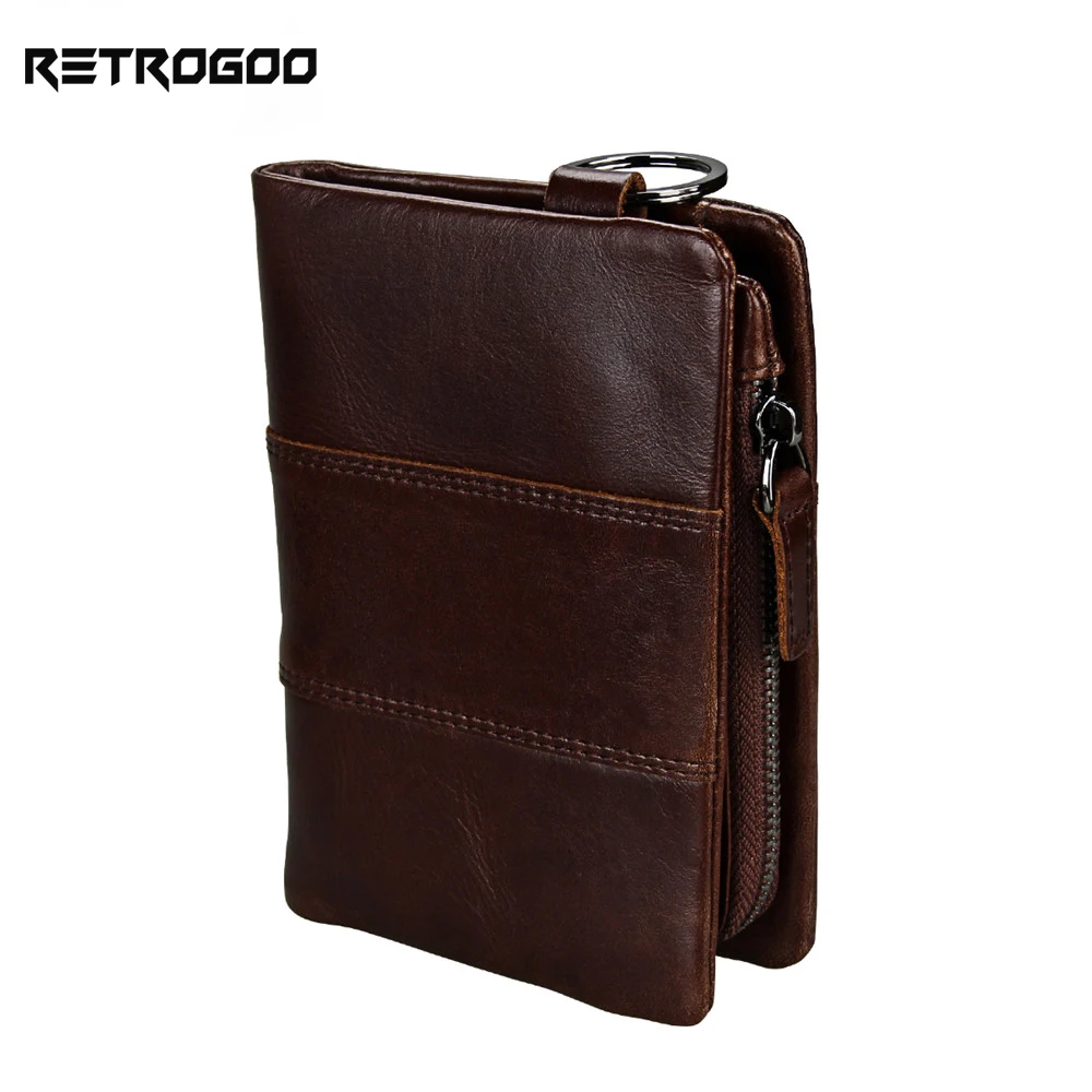 RETROGOO Genuine Leather Short Men Wallet Male Purse RFID Credit Card Zipper Coin Pocket Money Bag Men Wallet Small Man Cartera