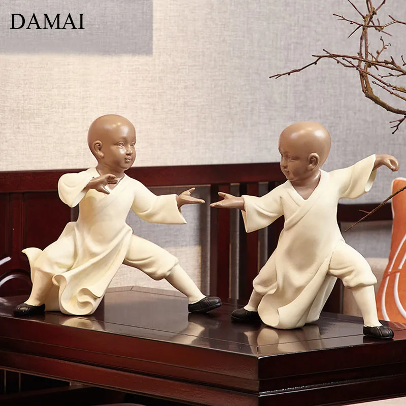 Chinese Little Monk Decorative Figurine Vintage Resin 2-piece Set Zen Figure Sculpture Tea House Coffee Table Decoration Artwork