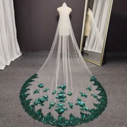 Voile de Mariage en Tulle à Paillettes Scintillantes, Personnalisé, Dentelle Verte, Doux, Blanc/Ivoire, avec Peigne, 1 Couche, 3 m de Long, pour Patients Colorés