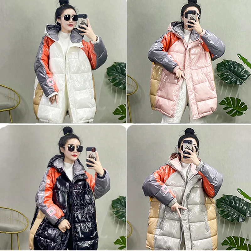 Autumn Winter Coats Ladies Fashion Shiny Cotton Coat Loose Bread Clothing Jackets Hooded Contrasting Color Cotton Clothing Women