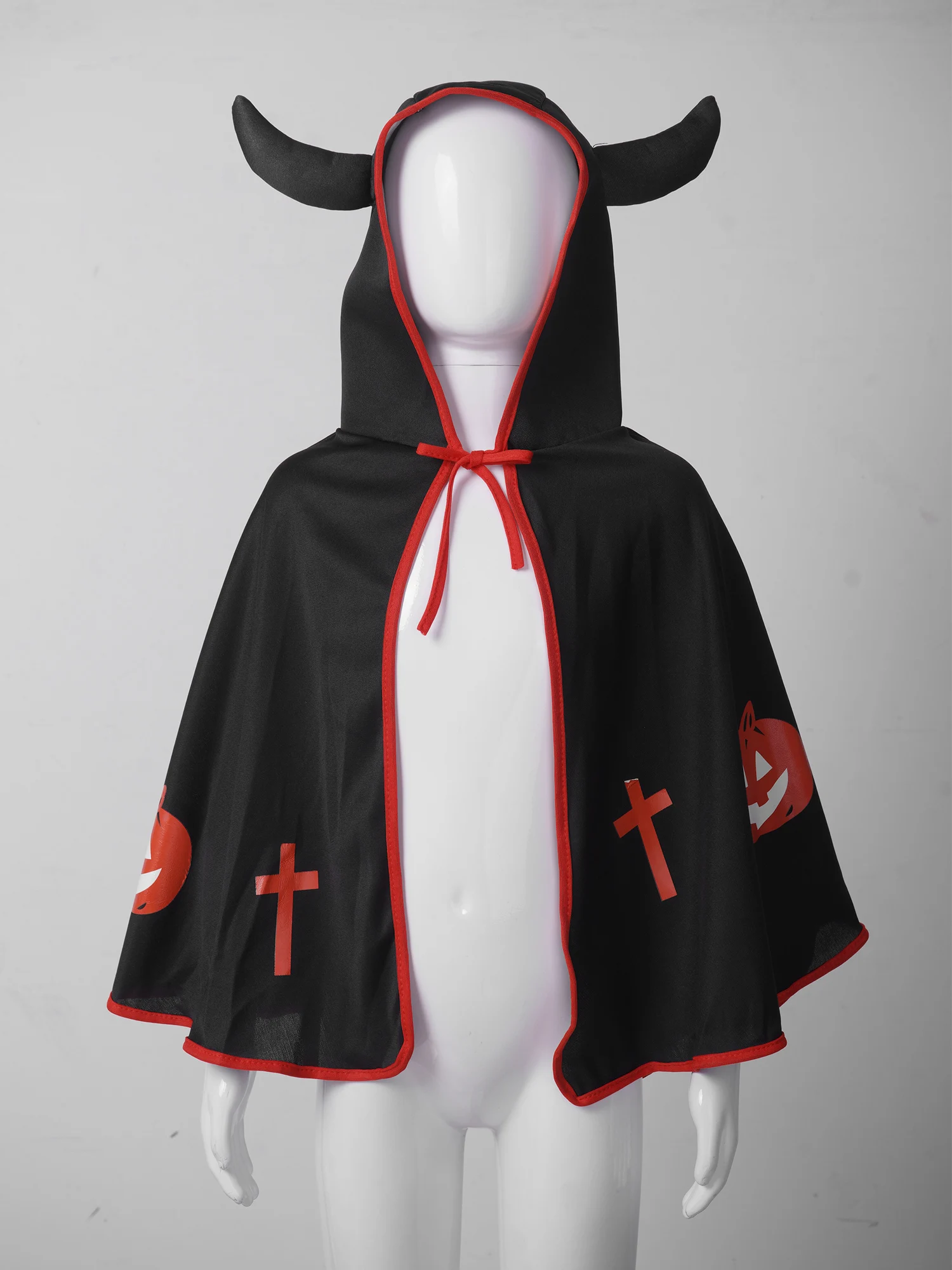 Cape d'halloween à capuche pour enfants, tenue de Cosplay pour garçons et filles, courte, ornée de corne de bœuf, imprimée citrouille