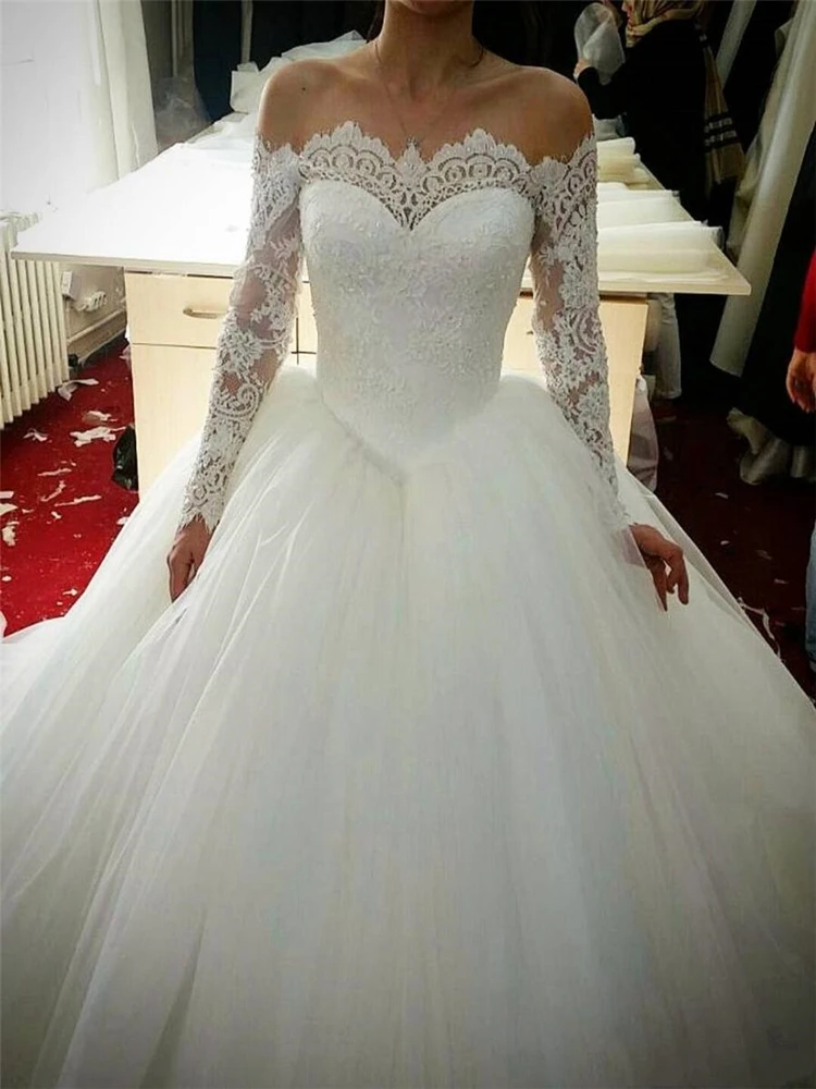 Weg von der Schulter Ballkleid Hochzeit Kleider Elegante Hochzeit Kleider Schöne Langarm Bateau Spitze Applique Brautkleider