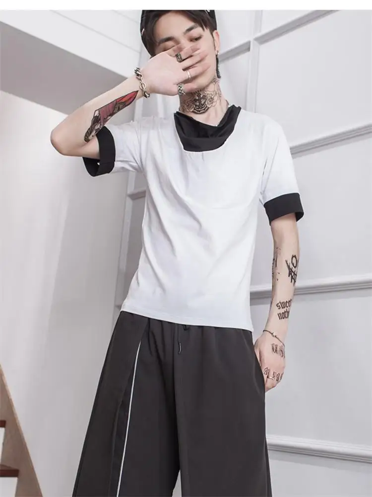 

Men's fashion false two stylist simple Korean version of the short sleeve youth two-color stitching large size T-shirt