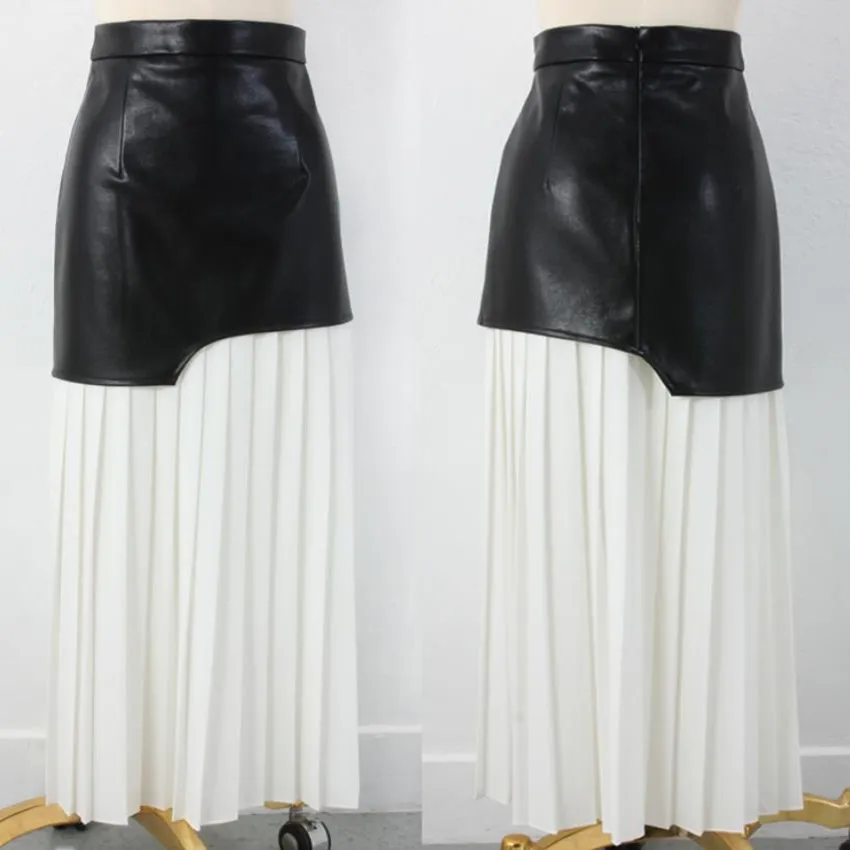 

New arrival fashion pu leather pleated skirt women high wasit slim stitching skirt