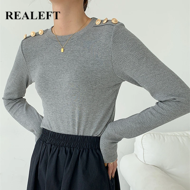 REALEFT Autumn Winter Elegant Slim Sweaters 2021 New O-Neck Buttons Long Sleeve Pullovers Female Solid Bottom Knitting Chic Tops