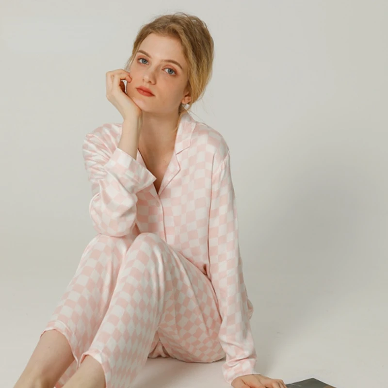 2021 Spring Long-sleeved Trousers Suit Satin Breathable Pajamas Women's Viscose Plaid Sleepwear Ladies Thin Home Clothes 2 Piece