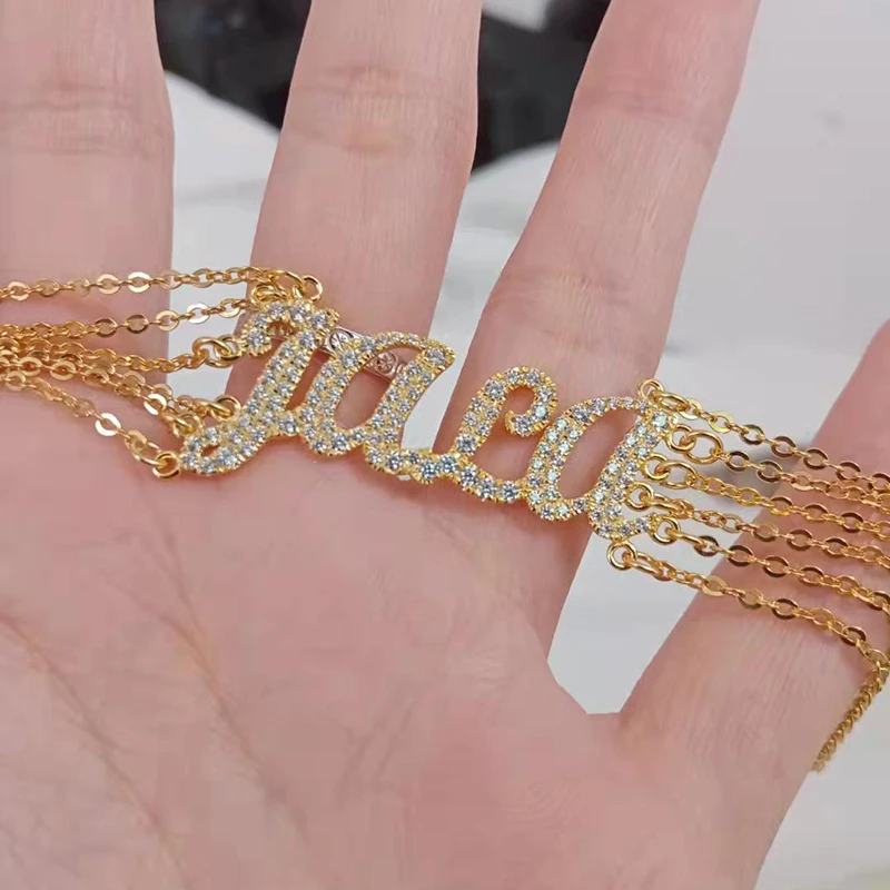 

Custom BigSize Zircon Name letter Bracelet Gold Personalized Bling Crystal Nameplate 6 chain S925 bracelet for Women Gifts