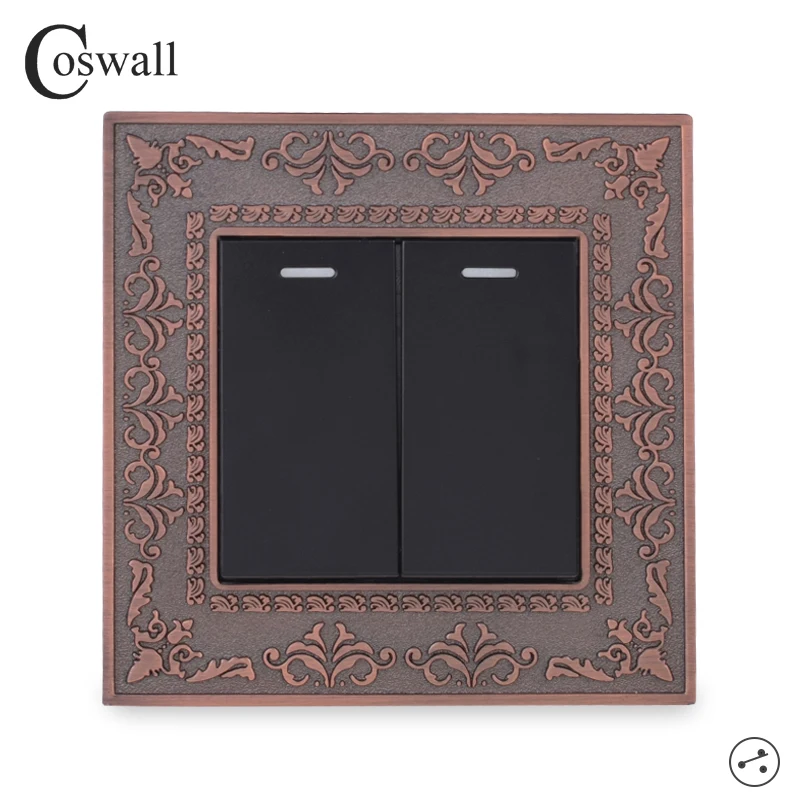 Coswall Red Bronze Retro Zinc Alloy Panel Gold / Black 2 Gang 2 Way Pass Through On / Off Rocker Wall Light Switch Switched