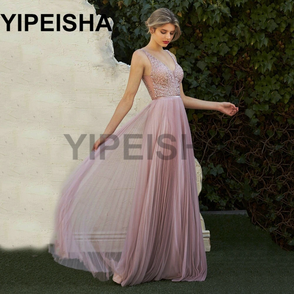 Cổ Chữ V Spaghetti Dây Chữ A Váy Ngủ Hở Lưng Đính Hạt Cườm Drap Long Lanh Vũ Hội Đảng Bầu Vestidos De Fiesta