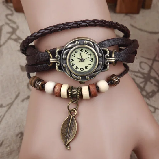 Reloj Vintage de cuero de vaca para mujer, pulsera de cuarzo con cuentas Vogue, Estilo Vintage, kz010