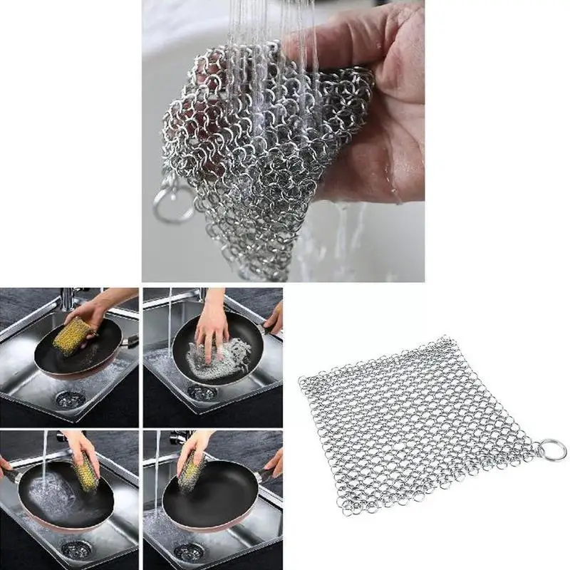 1Pc Cast Iron Scrubber Brush Steel Cleaning Brush Cleaner Mail Wash Cast Iron Cleaner Kitchen Sponge Cleaning Chainmail Scrubber