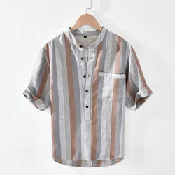 YH1230 Men's Linen Shirts Japan Style Vintage Color Contrast Fashion Stand Collar Loose Pocket Short Sleeve Breathable Blouse