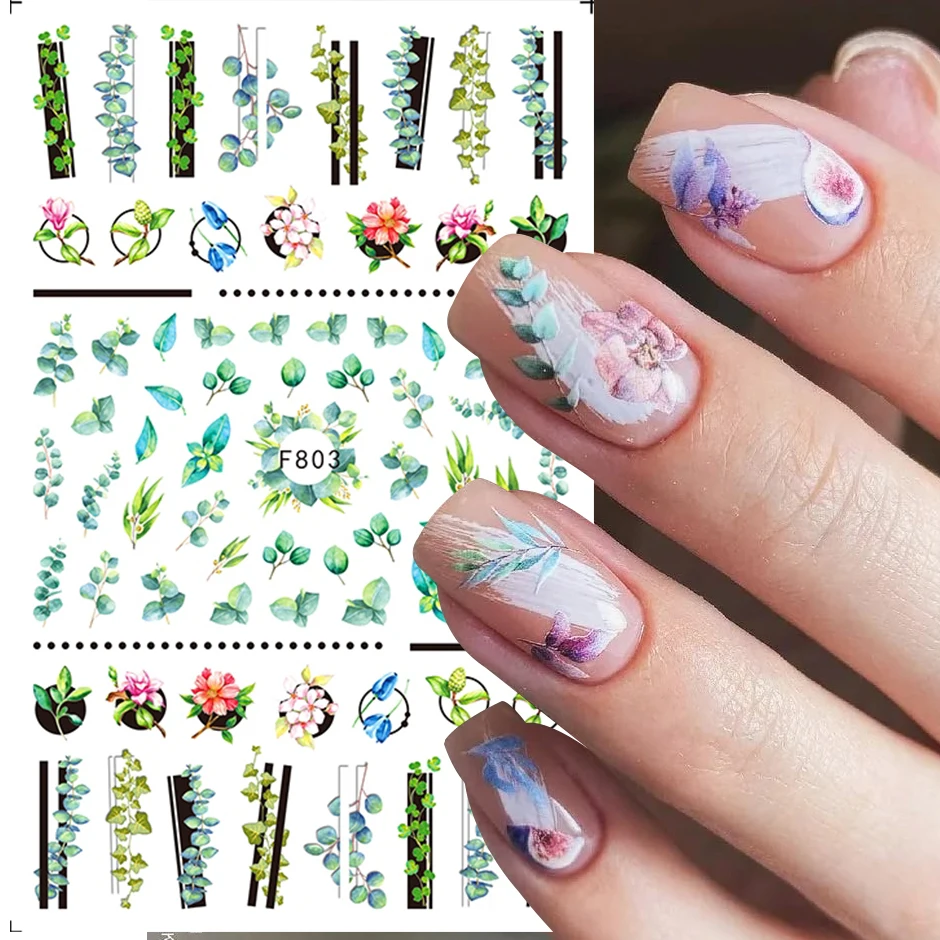 1pc 3D Charms Flower Leaf Nail Art Stickers Watercolor Sakura Geometry Line Spring Decor Sliders Manicuring Accessories GLF802