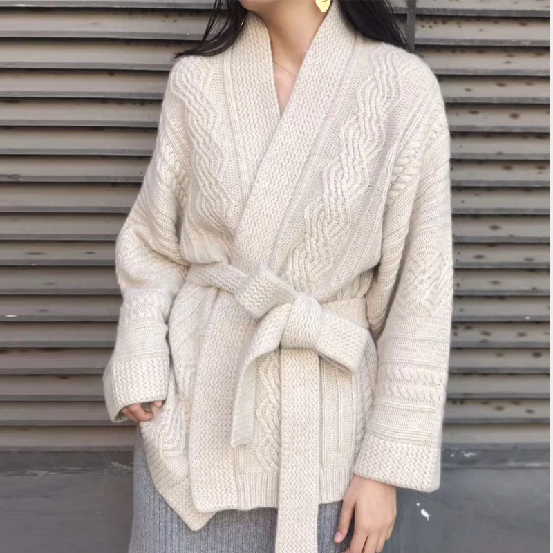 Women Autumn Winter Elegant Beige Twist Sweater Coat Long Sleeve V Neck Knitted Cardigan with Waistbelt Brief Outwear Jacket