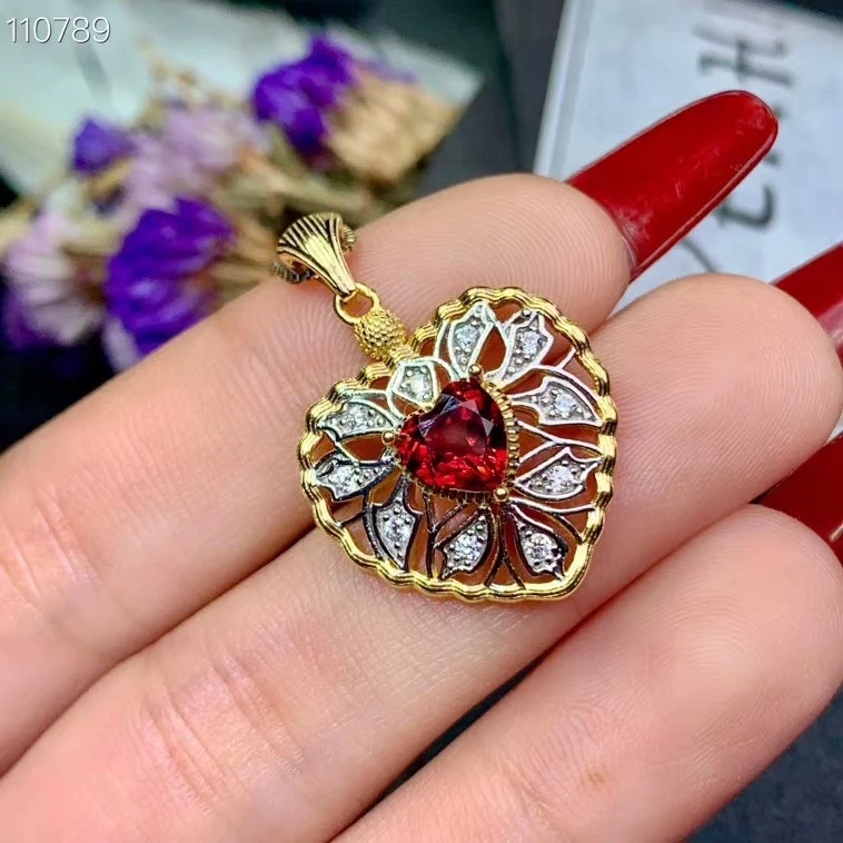 heart shape fashion natural garnet pendant for necklace 100% natural gem red color 925 sterling silver girl birthday gift lover