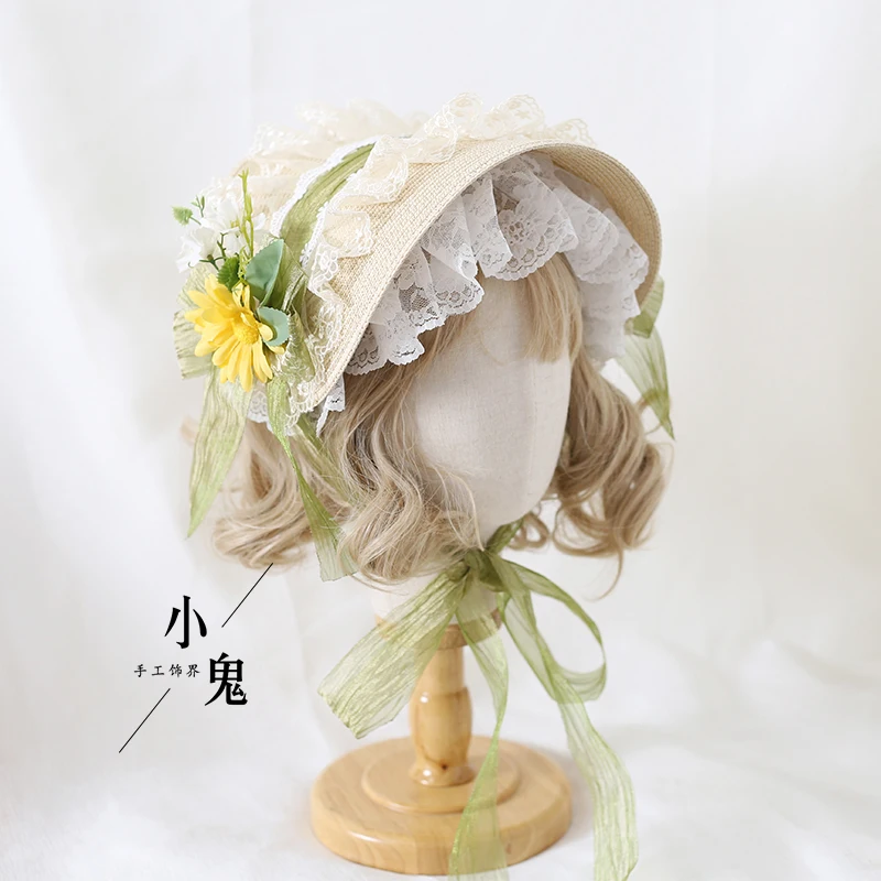 Multi-Color Lolita Flower Elegant Flat Hat Top Hat Flower Wedding Tea Party Pastoral Straw Hat Lace Han Yang Eclectic Summer